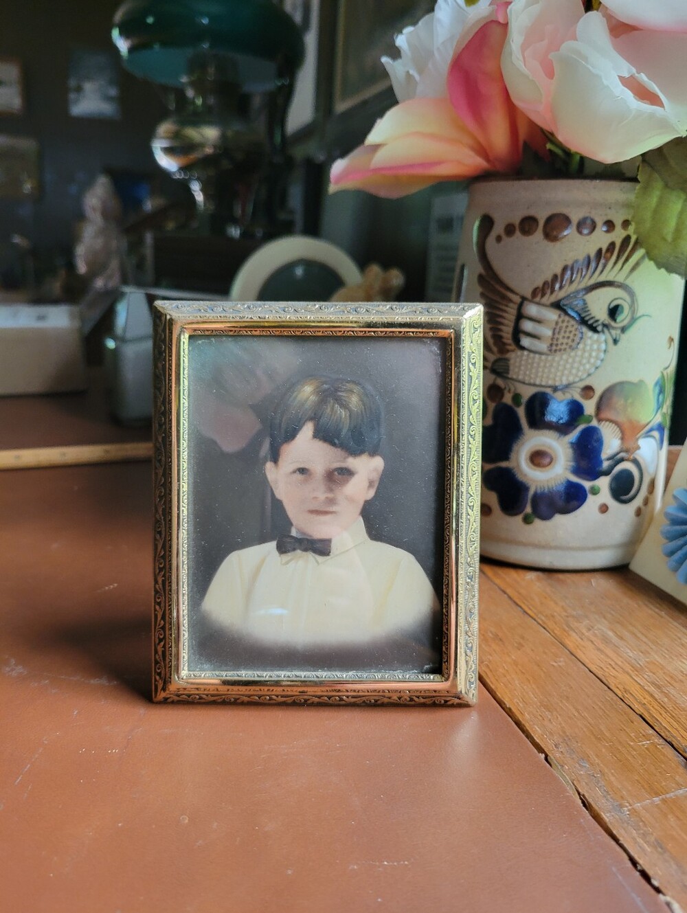 Vintage Gold Tone Metal Frame With Vintage Photo Of Boy 4.25x3.75
